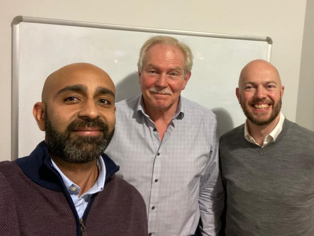 Nell Meghani and Phil Walton with Malcolm Heeley (centre) who joined Cloud Galacticos at the end of 2019