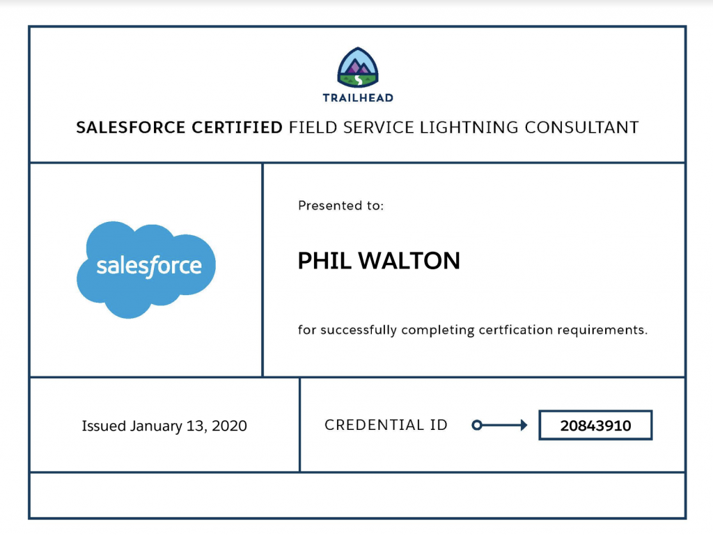 Phil is now Salesforce Field Service Lightning Certified